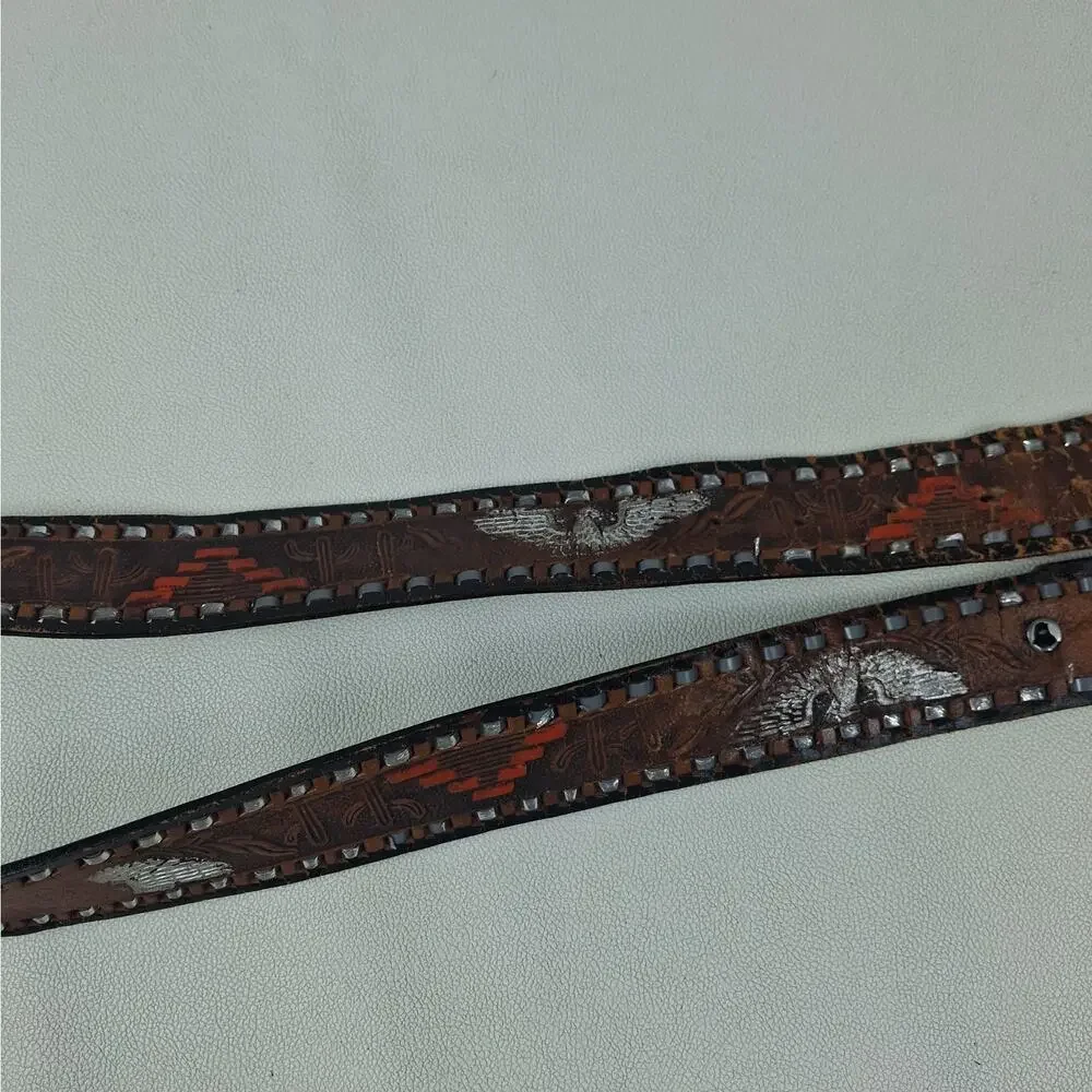 Vtg Cinturones Ada Mexico Hand Tooled Leather Belt Size 36 Eagle Western Worn